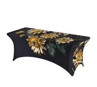 LMNGH Gold Flowers on Black Decorative Tablecloth Protector for Wedding, Banquet & Parties6FT Spandex Rectangle Tablecloths, Stretch Washable Table Cloth Wrinkle Free Patio Table Cover