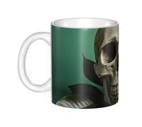 LMNGH Green Background Skull And Leaves Ceramic Coffee Mug 11oz Novelty Tea Cup With Handle Coffee Cup For Men Women Office Work