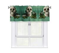 LMNGH Green Background Skull and Leaves Curtain Valance for Windows,Kitchen Window Curtains Blackout Drapes Window Treatments Decorative Rod Pocket Short Curtain for Living Room Bedroom,54" W x 18" L