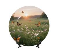 LMNGH Meadow with Flowers Bone China Decorative Plate,10in（25cm） Ceramic Decorative Plates with Display Stand,Ceramic Ornaments Art Porcelain Plate for Home Office Wall Decor Collections Plates