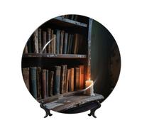 LMNGH Old Bookshelf Candle Bone China Decorative Plate,7in Ceramic Decorative Plates with Display Stand,Ceramic Ornaments Art Porcelain Plate for Home Office Wall Decor Collections Plates