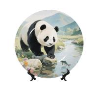 LMNGH Panda Playful Fish Bone China Decorative Plate,8in（20cm） Ceramic Decorative Plates with Display Stand,Ceramic Ornaments Art Porcelain Plate for Home Office Wall Decor Collections Plates