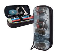 LMNGH Pencil Case Large Capacity Pencil Pouch Aesthetic Pen Bag Office Stationery Organizer Leather Pen Holder Pirate Ship at Sea Makeup Bags Pencil Case Box for Men Women Work Office