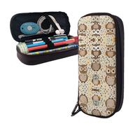 LMNGH Pencil Case Large Capacity Pencil Pouch Aesthetic Pen Bag Office Stationery Organizer Leather Pen Holder Cute Brown Cartoon Owls Makeup Bags Pencil Case Box for Men Women Work Office