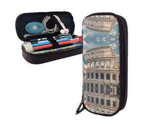 LMNGH Pencil Case Large Capacity Pencil Pouch Aesthetic Pen Bag Office Stationery Organizer Leather Pen Holder Roman Colosseum Italian Flag Makeup Bags Pencil Case Box for Men Women Work Office