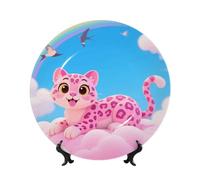 LMNGH Pink Leopard in the Cloud Bone China Decorative Plate,10in（25cm） Ceramic Decorative Plates with Display Stand,Ceramic Ornaments Art Porcelain Plate for Home Office Wall Decor Collections Plates