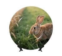 LMNGH Rabbit eating grass Bone China Decorative Plate,6in（15cm） Ceramic Decorative Plates with Display Stand,Ceramic Ornaments Art Porcelain Plate for Home Office Wall Decor Collections Plates