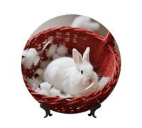 LMNGH Rabbit in basket Bone China Decorative Plate,7in Ceramic Decorative Plates with Display Stand,Ceramic Ornaments Art Porcelain Plate for Home Office Wall Decor Collections Plates