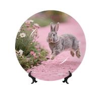 LMNGH Rabbit runs to the flowers Bone China Decorative Plate,7in Ceramic Decorative Plates with Display Stand,Ceramic Ornaments Art Porcelain Plate for Home Office Wall Decor Collections Plates