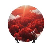 LMNGH Red Sun Forest Bone China Decorative Plate,6in（15cm） Ceramic Decorative Plates with Display Stand,Ceramic Ornaments Art Porcelain Plate for Home Office Wall Decor Collections Plates