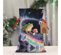 LMNGH Reusable Gift Wrapping Bag for Holiday Party FavorsFunny Space Frog Mushroom Christmas Gift Bag Burlap Xmas Drawstring Gift Sack with Tag & Tie, Medium Christmas Bags for Gifts