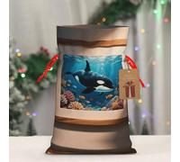 LMNGH Reusable Gift Wrapping Bag for Holiday Party FavorsKiller Whales Orca Pattern Christmas Gift Bag Burlap Xmas Drawstring Gift Sack with Tag & Tie, Medium Christmas Bags for Gifts