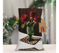LMNGH Reusable Gift Wrapping Bag for Holiday Party FavorsLeopard Red Roses Christmas Gift Bag Burlap Xmas Drawstring Gift Sack with Tag & Tie, Small Christmas Bags for Gifts