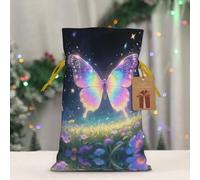 LMNGH Reusable Gift Wrapping Bag for Holiday Party FavorsMagical Butterflies Print Christmas Gift Bag Burlap Xmas Drawstring Gift Sack with Tag & Tie, Small Christmas Bags for Gifts