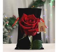 LMNGH Reusable Gift Wrapping Bag for Holiday Party FavorsRed Rose Black Background Christmas Gift Bag Burlap Xmas Drawstring Gift Sack with Tag & Tie, Small Christmas Bags for Gifts