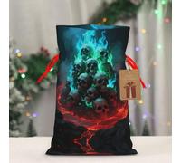 LMNGH Reusable Gift Wrapping Bag for Holiday Party FavorsSkulls Burning Fire Flames Christmas Gift Bag Burlap Xmas Drawstring Gift Sack with Tag & Tie, Medium Christmas Bags for Gifts