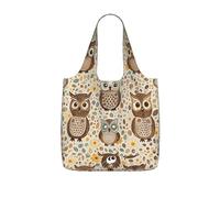 LMNGH Reusable Shopping Bags Lightweight Foldable Grocery Bags In Pocket,Washable Large Tote Bags Cute Brown Cartoon Owls Travel Shoulder Bag Gifts For Women Men
