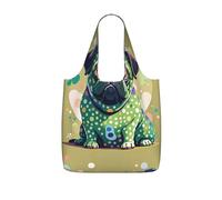 LMNGH Reusable Shopping Bags Lightweight Foldable Grocery Bags In Pocket,Washable Large Tote Bags Pug Green Polka Dot Travel Shoulder Bag Gifts For Women Men