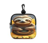 LMNGH Small Neoprene Pouch, Mini Portable Makeup Bag With Carabiner Keychain Waterproof Travel Coin Purse Storage Bag Cartoon Sloth Sitting On Sunflower Clutch Cosmetic Organizer For Women