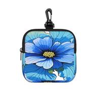 LMNGH Small Neoprene Pouch, Mini Portable Makeup Bag With Carabiner Keychain Waterproof Travel Coin Purse Storage Bag Blue Hibiscus Flower Clutch Cosmetic Organizer For Women