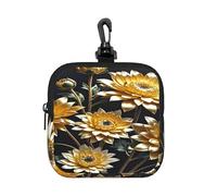 LMNGH Small Neoprene Pouch, Mini Portable Makeup Bag With Carabiner Keychain Waterproof Travel Coin Purse Storage Bag Gold Flowers On Black Clutch Cosmetic Organizer For Women