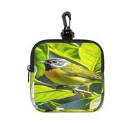 LMNGH Small Neoprene Pouch, Mini Portable Makeup Bag With Carabiner Keychain Waterproof Travel Coin Purse Storage Bag Green Leaves And Birds Clutch Cosmetic Organizer For Women