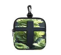 LMNGH Small Neoprene Pouch, Mini Portable Makeup Bag With Carabiner Keychain Waterproof Travel Coin Purse Storage Bag Black Cross Among Green Flowers Clutch Cosmetic Organizer For Women
