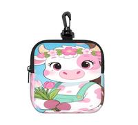 LMNGH Small Neoprene Pouch, Mini Portable Makeup Bag With Carabiner Keychain Waterproof Travel Coin Purse Storage Bag Cute Flower Cow Clutch Cosmetic Organizer For Women