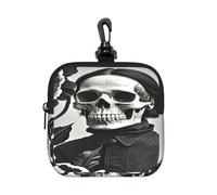 LMNGH Small Neoprene Pouch, Mini Portable Makeup Bag With Carabiner Keychain Waterproof Travel Coin Purse Storage Bag Black And White Flowers And Skull Clutch Cosmetic Organizer For Women