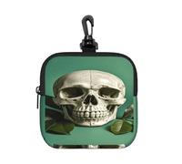 LMNGH Small Neoprene Pouch, Mini Portable Makeup Bag With Carabiner Keychain Waterproof Travel Coin Purse Storage Bag Green Background Skull And Leaves Clutch Cosmetic Organizer For Women