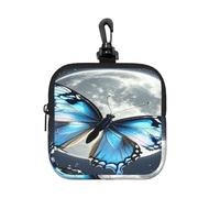 LMNGH Small Neoprene Pouch, Mini Portable Makeup Bag With Carabiner Keychain Waterproof Travel Coin Purse Storage Bag Blue Butterfly And Moon Clutch Cosmetic Organizer For Women