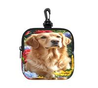 LMNGH Small Neoprene Pouch, Mini Portable Makeup Bag With Carabiner Keychain Waterproof Travel Coin Purse Storage Bag Golden Retriever And Flowers Clutch Cosmetic Organizer For Women