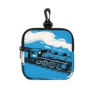 LMNGH Small Neoprene Pouch, Mini Portable Makeup Bag With Carabiner Keychain Waterproof Travel Coin Purse Storage Bag Blue Steam Train Clutch Cosmetic Organizer For Women