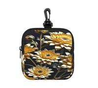 LMNGH Small Neoprene Pouch, Mini Portable Makeup Bag With Carabiner Keychain Waterproof Travel Coin Purse Storage Bag Gold Flowers On Black Clutch Cosmetic Organizer For Women