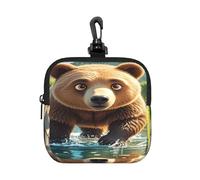 LMNGH Small Neoprene Pouch, Mini Portable Makeup Bag With Carabiner Keychain Waterproof Travel Coin Purse Storage Bag Bear Crossing The River Cartoon Clutch Cosmetic Organizer For Women