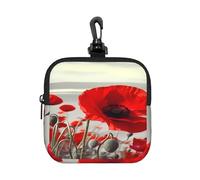LMNGH Small Neoprene Pouch, Mini Portable Makeup Bag With Carabiner Keychain Waterproof Travel Coin Purse Storage Bag Red Poppy Flower Clutch Cosmetic Organizer For Women