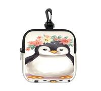 LMNGH Small Neoprene Pouch, Mini Portable Makeup Bag With Carabiner Keychain Waterproof Travel Coin Purse Storage Bag Penguin Wearing Flowers Clutch Cosmetic Organizer For Women