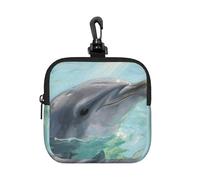 LMNGH Small Neoprene Pouch, Mini Portable Makeup Bag With Carabiner Keychain Waterproof Travel Coin Purse Storage Bag Dolphins Art Clutch Cosmetic Organizer For Women