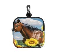 LMNGH Small Neoprene Pouch, Mini Portable Makeup Bag With Carabiner Keychain Waterproof Travel Coin Purse Storage Bag Horse And Sunflower Clutch Cosmetic Organizer For Women
