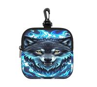 LMNGH Small Neoprene Pouch, Mini Portable Makeup Bag With Carabiner Keychain Waterproof Travel Coin Purse Storage Bag Wolf Head In Blue Flames Clutch Cosmetic Organizer For Women