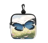 LMNGH Small Neoprene Pouch, Mini Portable Makeup Bag With Carabiner Keychain Waterproof Travel Coin Purse Storage Bag Blue Butterfly Clutch Cosmetic Organizer For Women