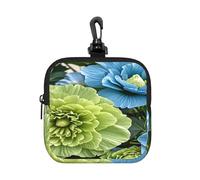 LMNGH Small Neoprene Pouch, Mini Portable Makeup Bag With Carabiner Keychain Waterproof Travel Coin Purse Storage Bag Green And Blue Hibiscus Flowers Clutch Cosmetic Organizer For Women