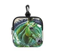 LMNGH Small Neoprene Pouch, Mini Portable Makeup Bag With Carabiner Keychain Waterproof Travel Coin Purse Storage Bag Green Horse Clutch Cosmetic Organizer For Women