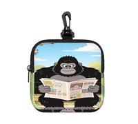 LMNGH Small Neoprene Pouch, Mini Portable Makeup Bag With Carabiner Keychain Waterproof Travel Coin Purse Storage Bag Gorilla Reading Newspaper Clutch Cosmetic Organizer For Women