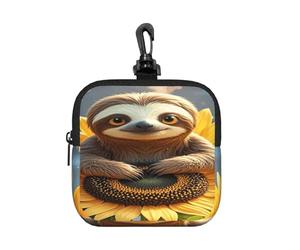 LMNGH Small Neoprene Pouch, Mini Portable Makeup Bag With Carabiner Keychain Waterproof Travel Coin Purse Storage Bag Cartoon Sloth Sitting On Sunflower Clutch Cosmetic Organizer For Women