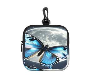 LMNGH Small Neoprene Pouch, Mini Portable Makeup Bag With Carabiner Keychain Waterproof Travel Coin Purse Storage Bag Blue Butterfly And Moon Clutch Cosmetic Organizer For Women