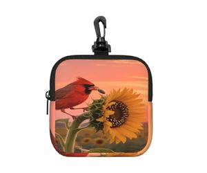 LMNGH Small Neoprene Pouch, Mini Portable Makeup Bag With Carabiner Keychain Waterproof Travel Coin Purse Storage Bag Cardinals And Sunflowers Clutch Cosmetic Organizer For Women
