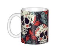 LMNGH Sugar Skulls And Red Roses Ceramic Coffee Mug 11oz Novelty Tea Cup With Handle Coffee Cup For Men Women Office Work