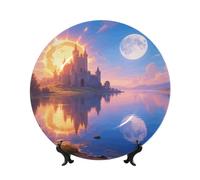 LMNGH Sun and Moon Bone China Decorative Plate,8in（20cm） Ceramic Decorative Plates with Display Stand,Ceramic Ornaments Art Porcelain Plate for Home Office Wall Decor Collections Plates