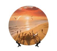 LMNGH Sunset Beach Bone China Decorative Plate,10in（25cm） Ceramic Decorative Plates with Display Stand,Ceramic Ornaments Art Porcelain Plate for Home Office Wall Decor Collections Plates